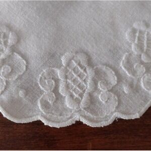 2 Vintage Pure Linen Center Doilies Hand Embroidery Deco Swirls Set Ivory